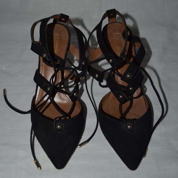 Sz 36.5 6.5 Aquazzura Black Suede Tie Up Cut Out Heels - Picture 6 of 10